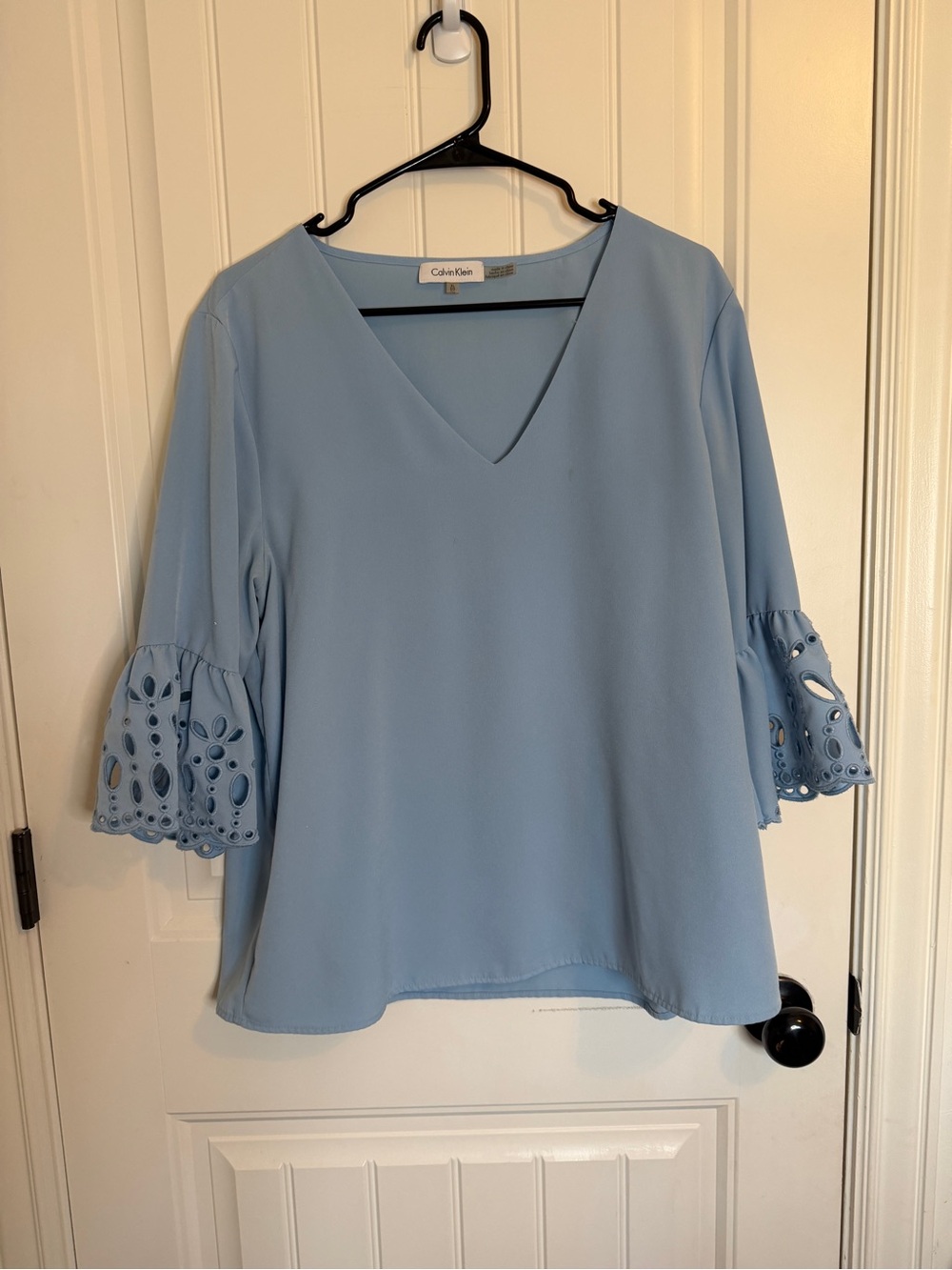 Calvin Klein Powder Blue V-Neck Eyelet Bell Sleeve Blouse